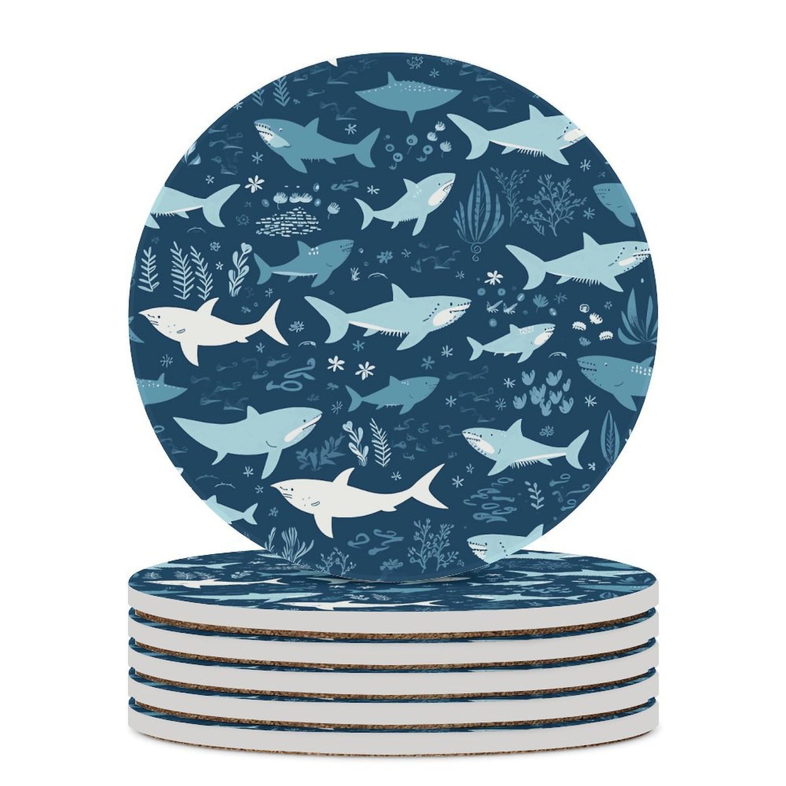 Sharks Coaster with Cork Base Drink Coasters for Coffee Table Decor Modern Cup Coasters with Non-Slip & Heat-Resistant Cute Ceramic Table Coaster for Home Dining