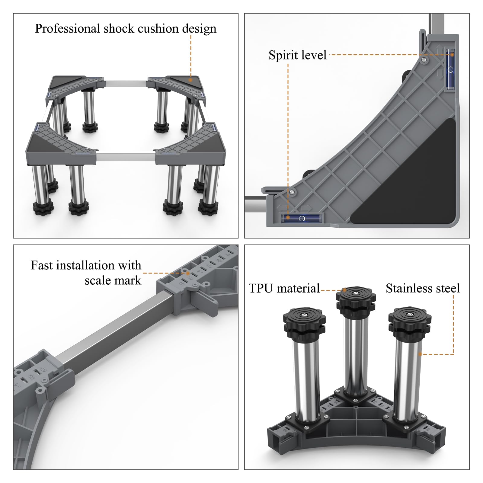 DEWEL Support de Machine à Laver Base Socle Anti-vibration 12 Pieds plus Stables pour Machine à laver, Sèche-linge, Frigo Réglable (43.5-63cm,18–20 cm)
