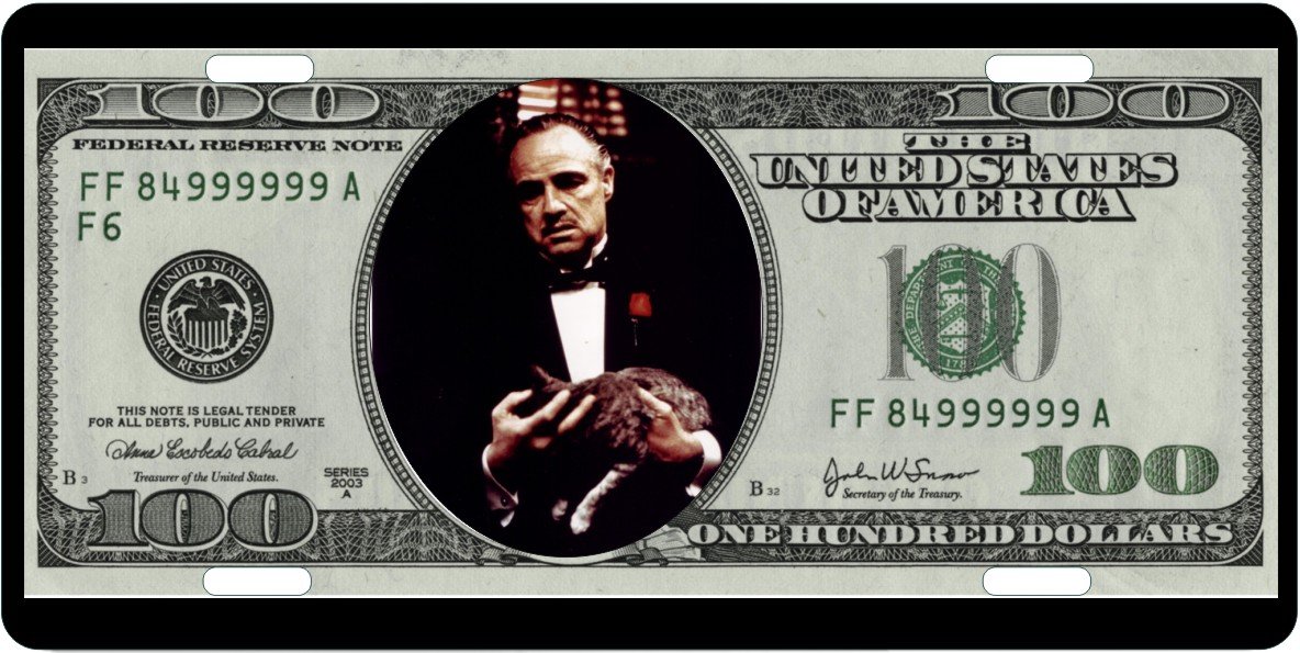 Mostly Art Stuff License Plates The Godfather Make HIM an Offer All Alunimum Full Size Auto Plates 100 Dollar Bill Background