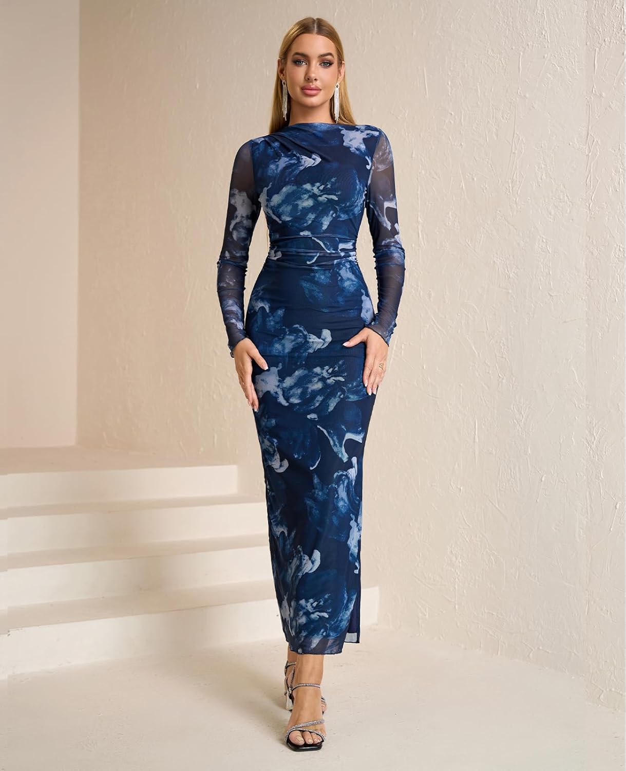 XinFSh Women's Fall Long Sleeve Bodycon Maxi Dress Mesh Ruched Formal Wedding Guest Cocktail Dresses - Image 4