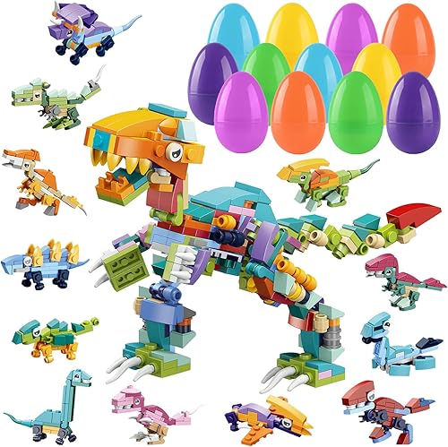 Aulynp 12 huevos de Pascua rellenos con bloques de construcción de dinosaurios, juguetes de bloques de construcción de dinosaurios en huevos
