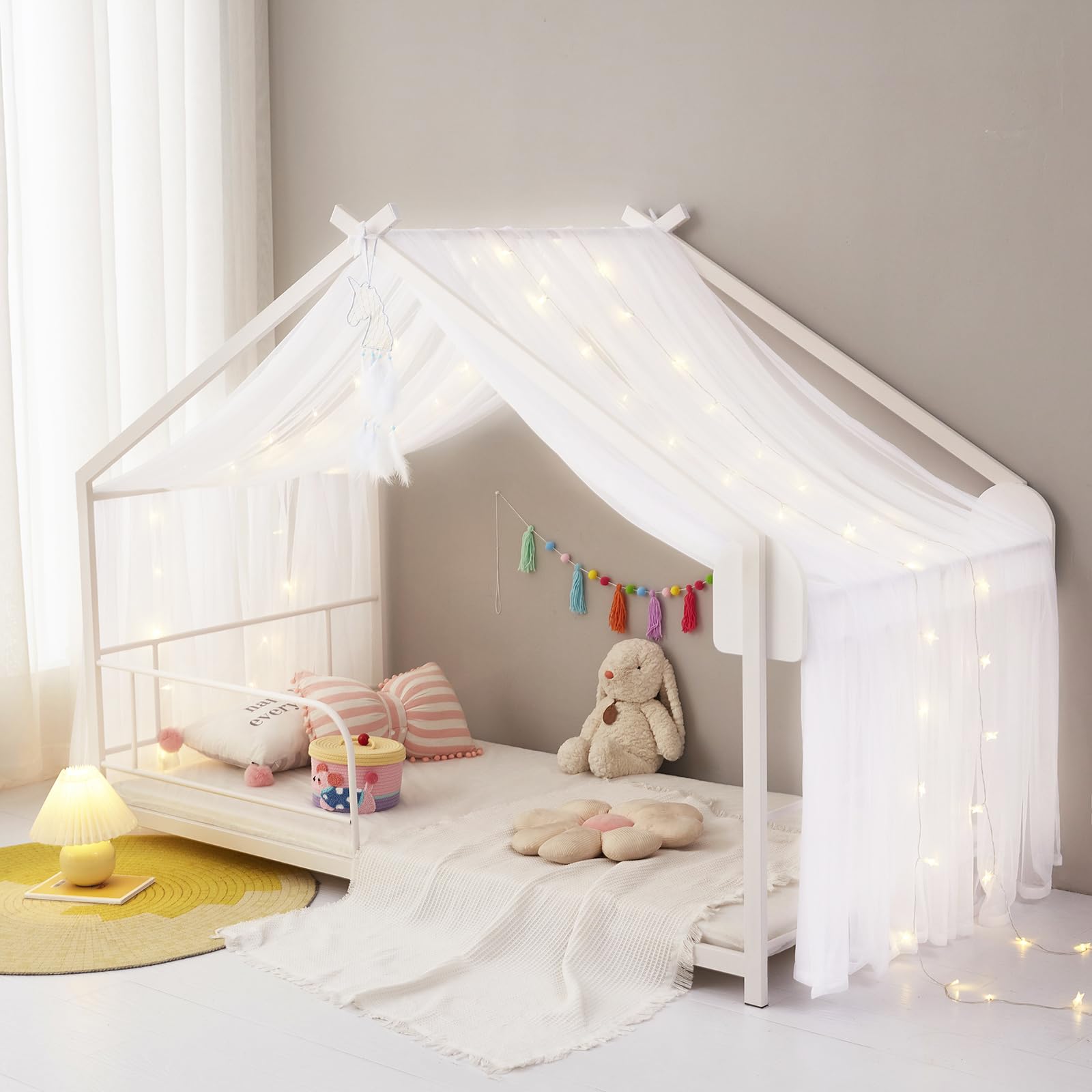 ZIQINPSQ Bed Canopy House Canopy Bed Curtains For Girls Boys,Sheer Bed Scarf Nursery Montessori House Bed Metal Floor Bed For Single Twin Size Bed Decorations (White)