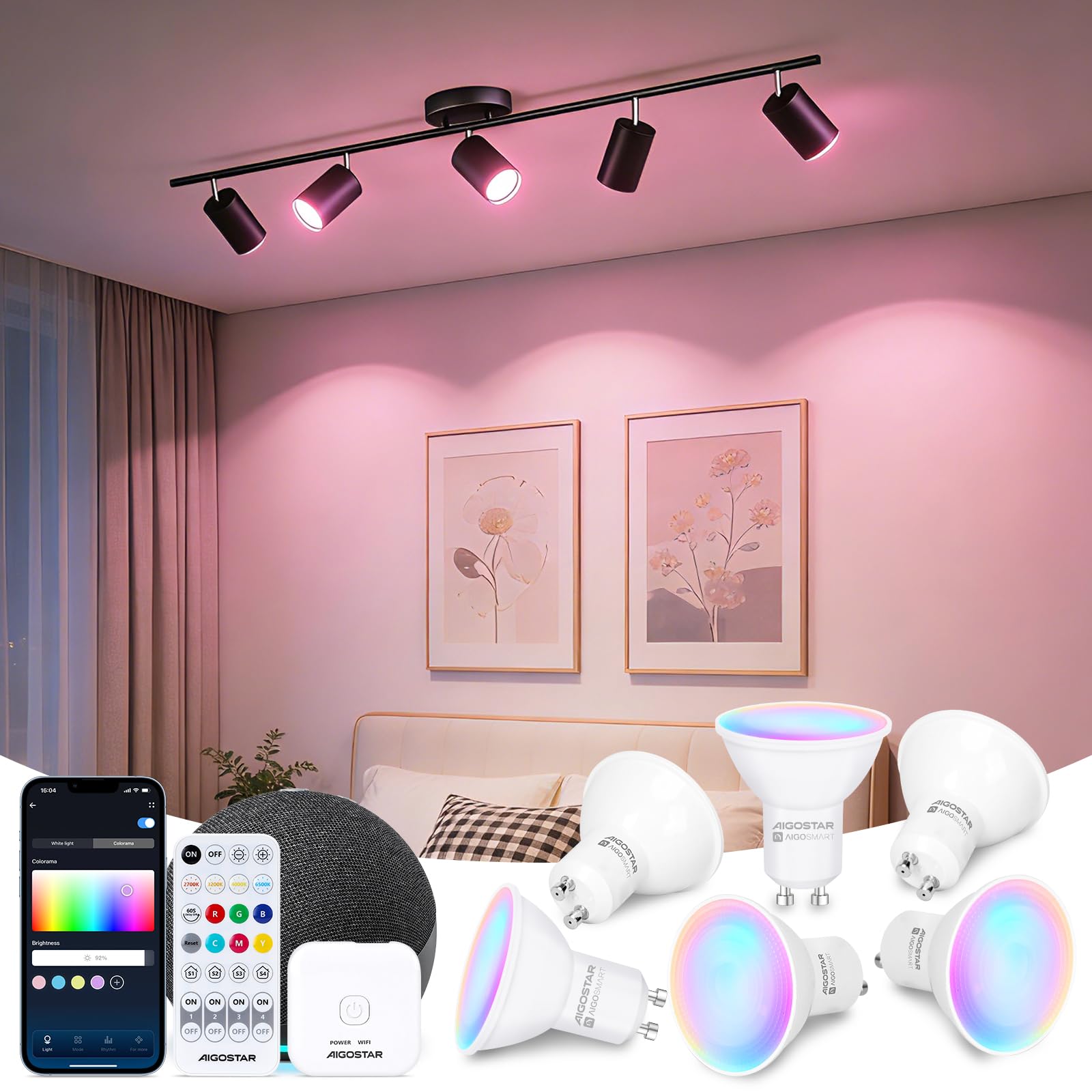 Aigostar Mesh- Bombilla inteligente Bluetooth Mesh, GU10. 2700K-6500K regulable, 6.5W, 555 LM. Bombilla LED inteligente compatible con Alexa y Google Home. Incluye mando a distancia y Gateway. 6Uds