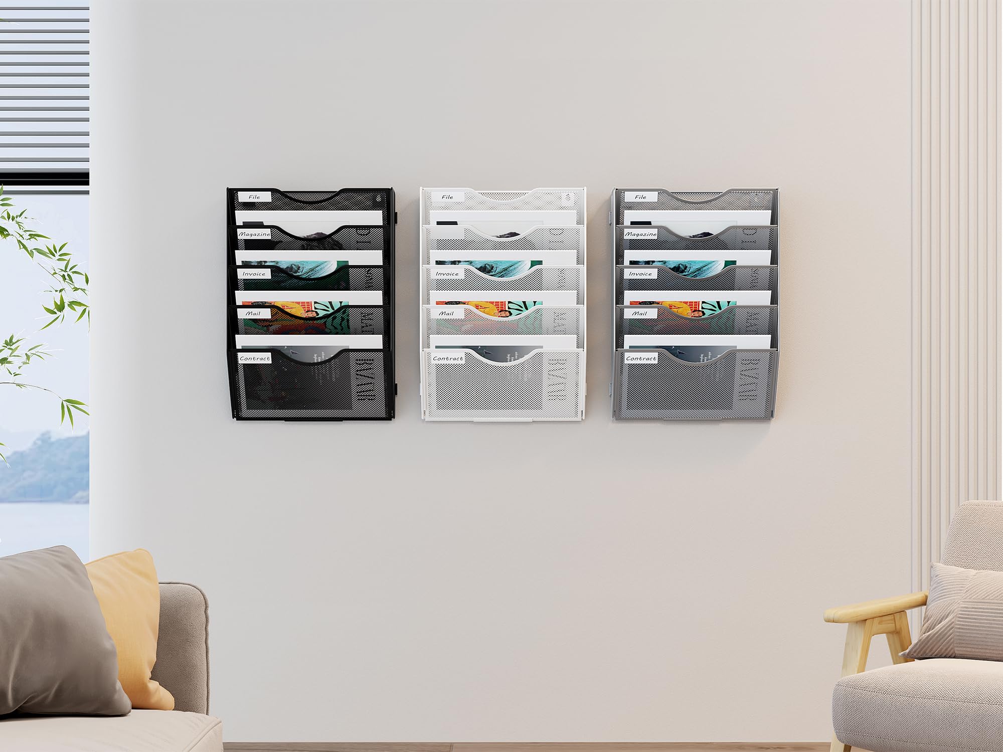 EasyPAG 5 Compartimento Metal Montar A4 Soporte Documentos Pared Oficina Archivador de Pared Organizador Revistas Correo Pared Almacenamiento Archivos Revistero,Negro