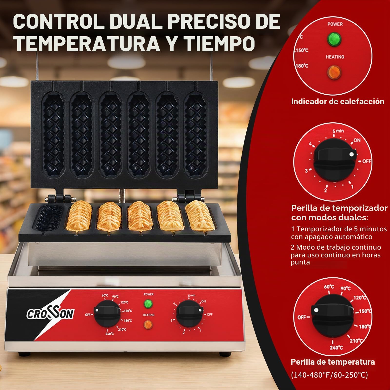 CROSSON Máquina para Hacer Gofres de Maíz Comerciales 6 piezas,Máquina para Hacer Gofres Antiadherente,con Control de Temperatura y Tiempo,Máquina Para Gaufres En Palito,1600W