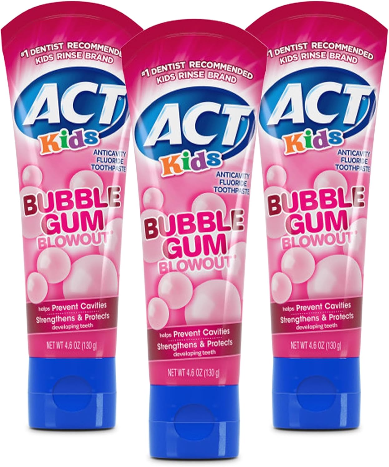 ACT Kids Anticavity Fluoride Toothpaste, Prevents Cavities & Strengthens Teeth, Bubble Gum Blowout, 4.6 oz.(Pack of 3)