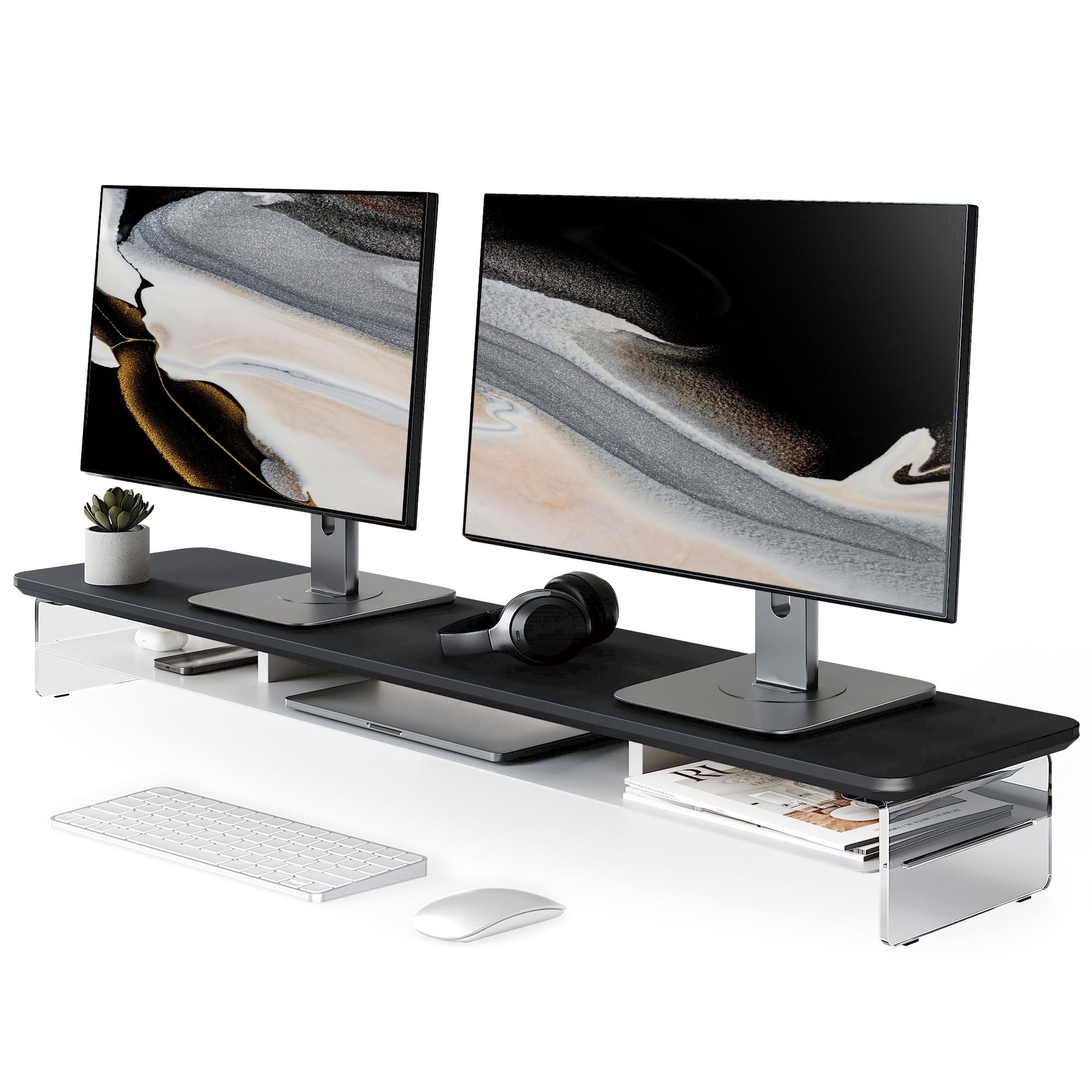 Fenge Monitorständer Acryl, Monitor Stand aus Holz und Metall, Schreibtisch Zubehör für Laptop/PC/Drucker/TV Bildschirm (Schwarz, 108cm)