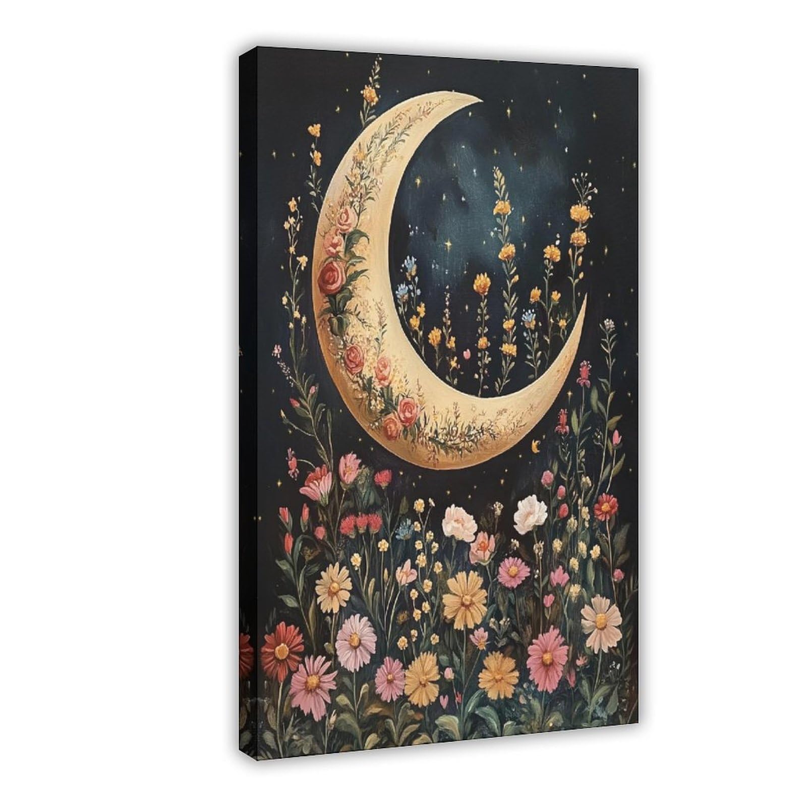 Bareronor Floral Crescent Moon Canvas Poster for Living Room Decor Gift