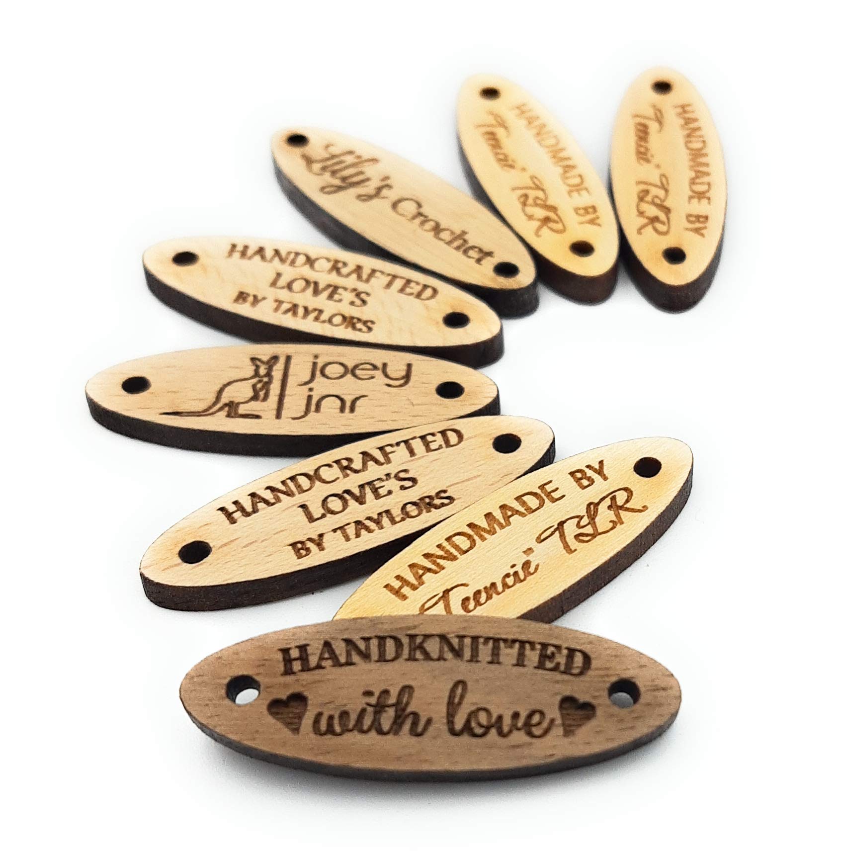 Personalisierte Etiketten aus Holz, hölzerne Etiketten für Strick -und Häkeln Produkte, personalisiert mit Ihrem Text