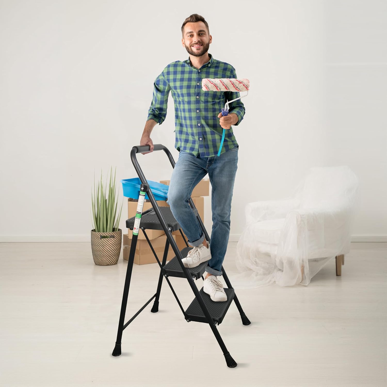 Compact Steel Folding Stool with Wide Anti-Slip Pedal for 500lbs Capacity