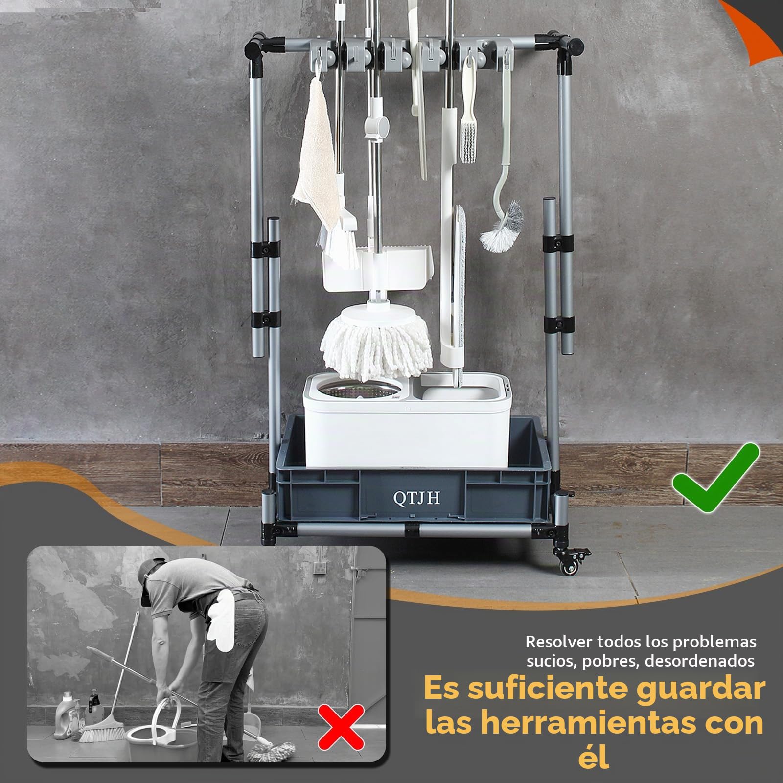 Soporte para fregonas - Organizador de Herramientas de Limpieza, Carro de Limpieza móvil Colgador escobas y fregonas