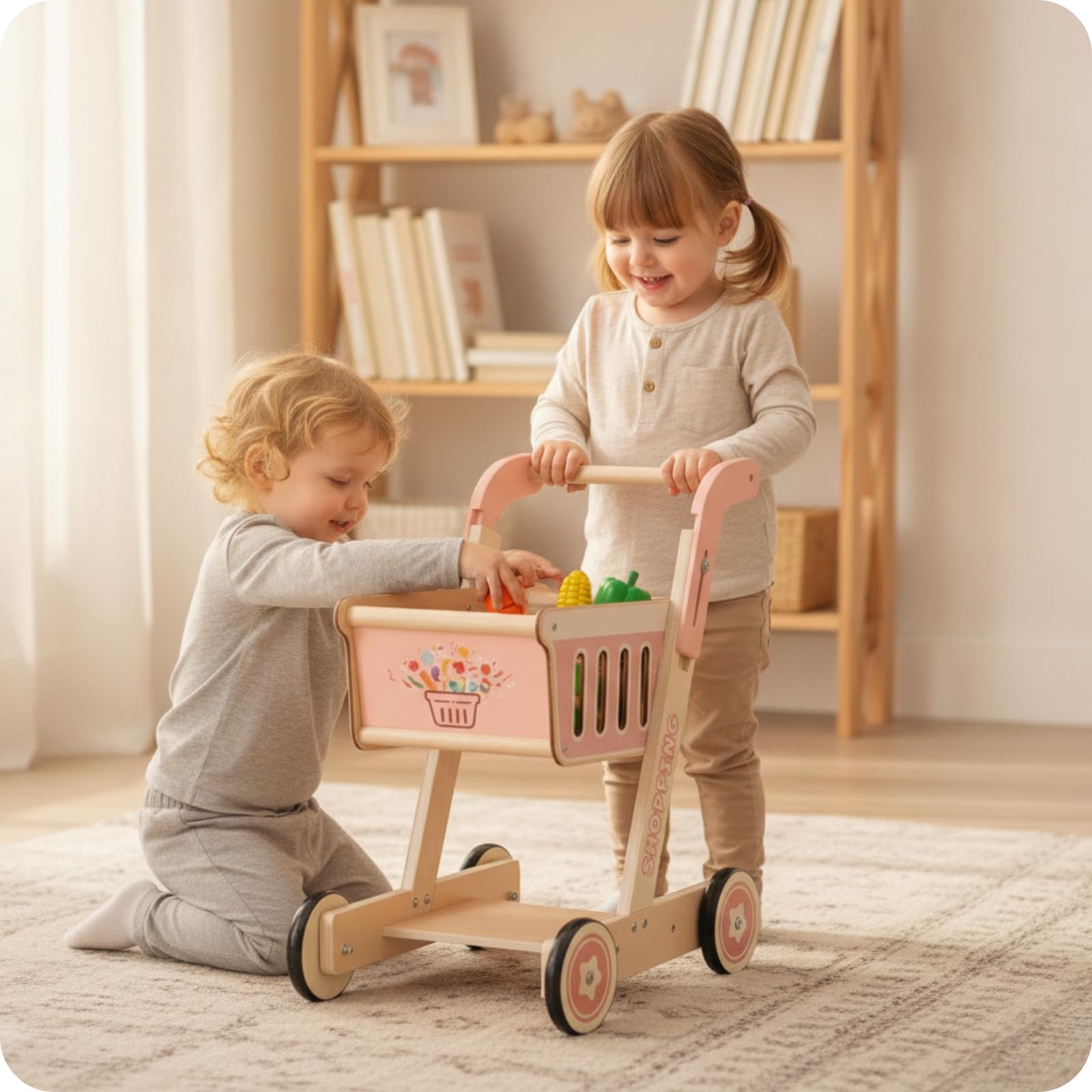 Carrello Shopping Giocattolo Carrello Spesa Giocattolo Bordi Arrotondati Legno Naturale per Bambini