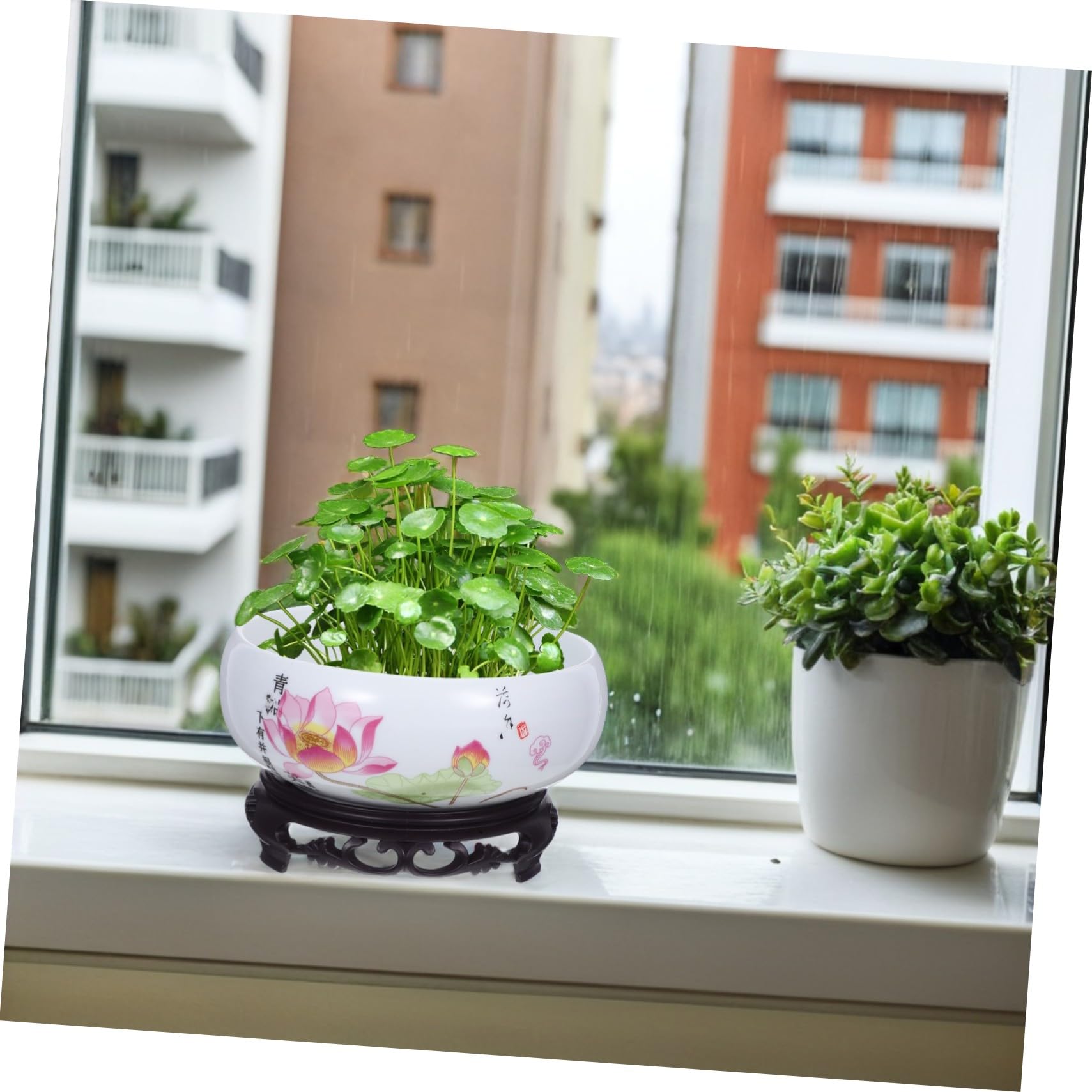 TOYANDONA Ceramiczny Ozdobny Doniczka Do Kwiatów Wodnych z Motywem Lotosu Bezotworowy Hydroponiczny Rośliny Wodne z Podstawką Niebiesko Biała Porcelana Do Dekoracji Wnętrz