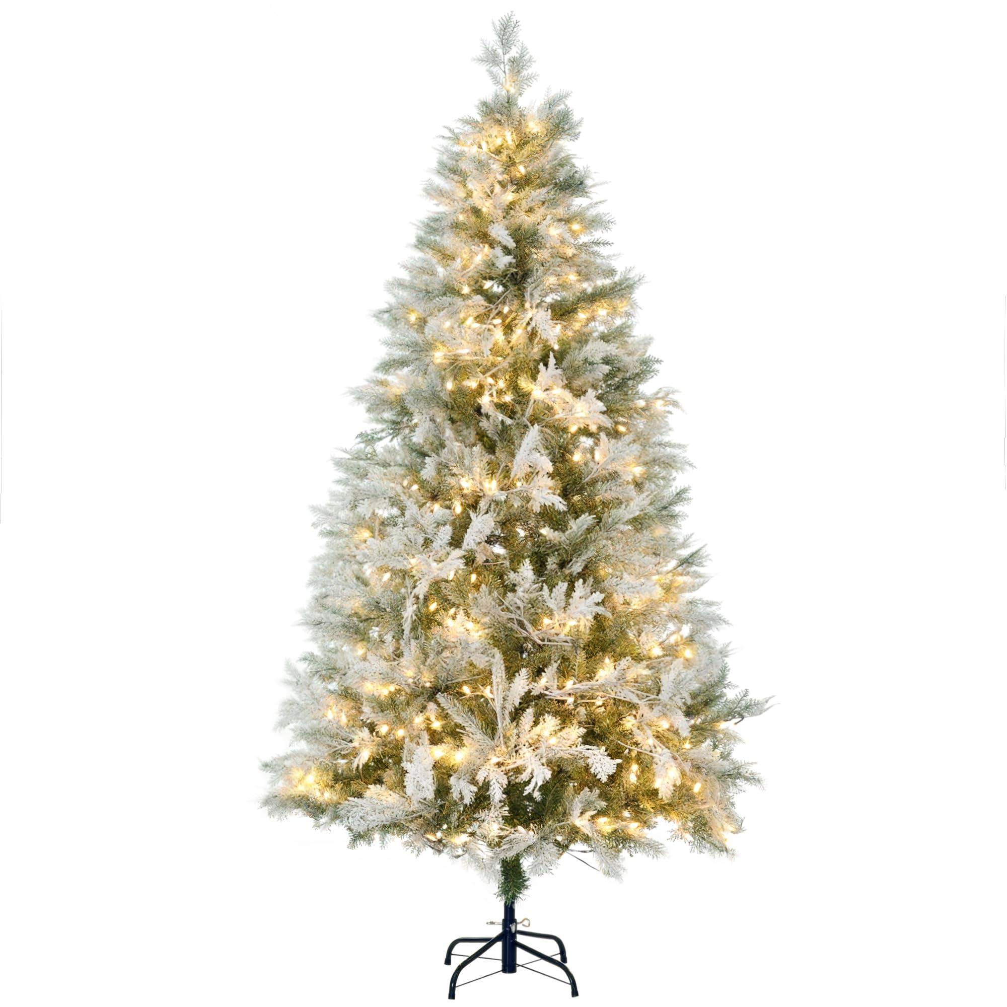HOMCOM Árbol de Navidad Artificial 180 cm, 300 Luces LED Blancas Cálidas | Árbol de Navidad Nevado, 577 Ramas, Forma de Ciprés, Base Plegable, Decoración Navideña