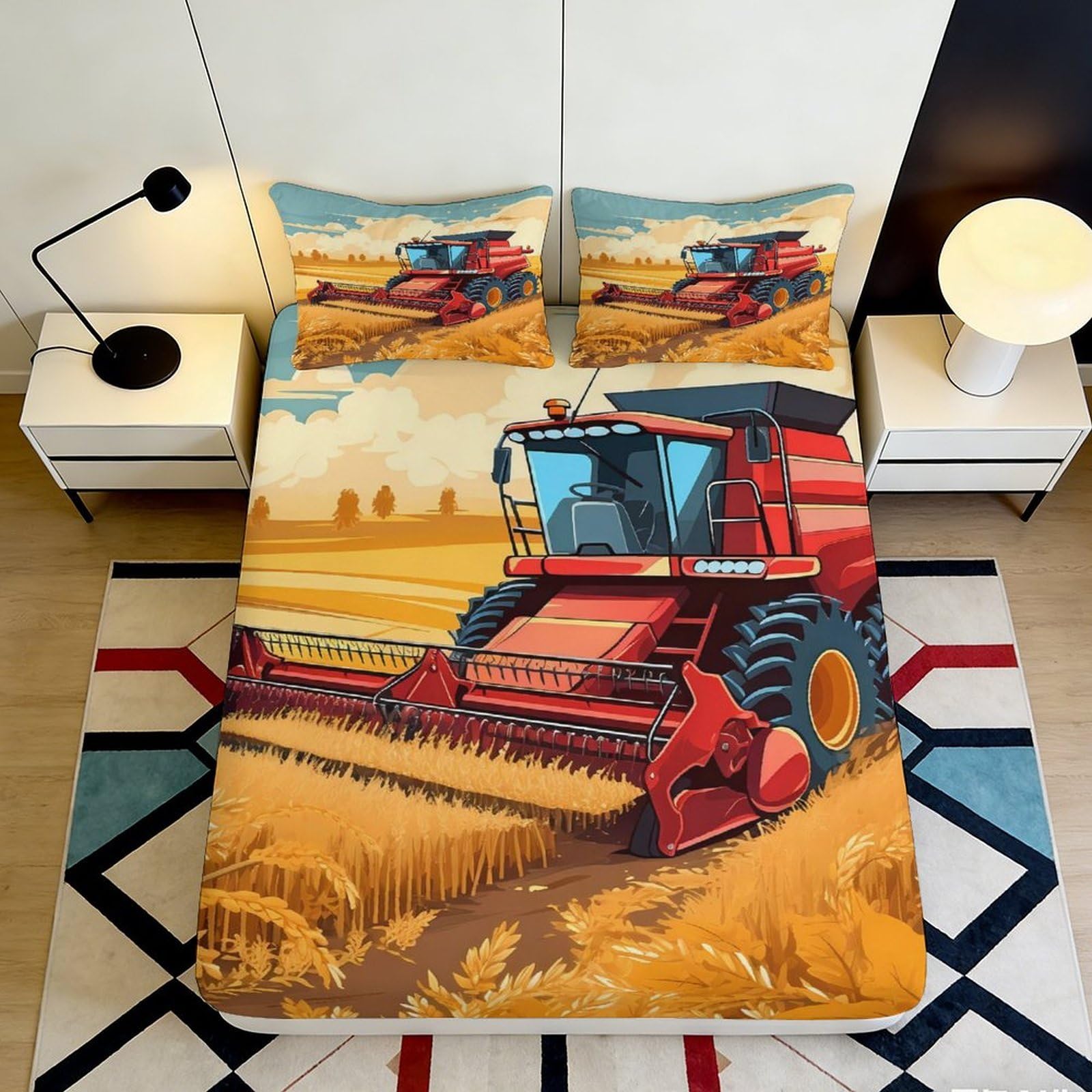 3D Printed Harvest Tractor Fitted Sheet Microfiber Wheat Field Bed Cover for Bedroom Dorm Decorative Mattress Protection 90x200x25cm