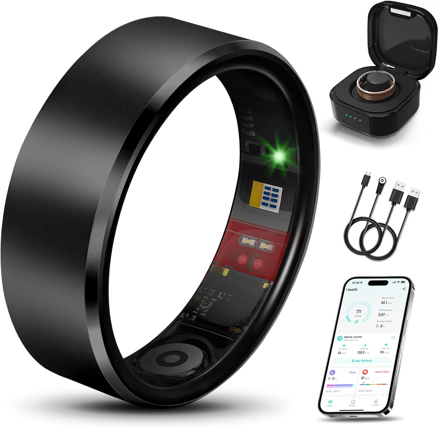 Smart Health Ring 2.0 for Women Men, Slim Scratch & Fingerprint Resistant Design,Efficient Chip Fitness Tracker, Monitors Heart, Blood Oxygen & Pressure, Sleep, Steps, Waterproof, Xmas Gifts, BK 7# 7# Black