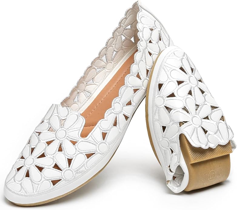 HEAWISH Women'S Floral Ballet Flats For Women Black Beige Slip On Flowers PU Leather Round Toe Dress Shoes