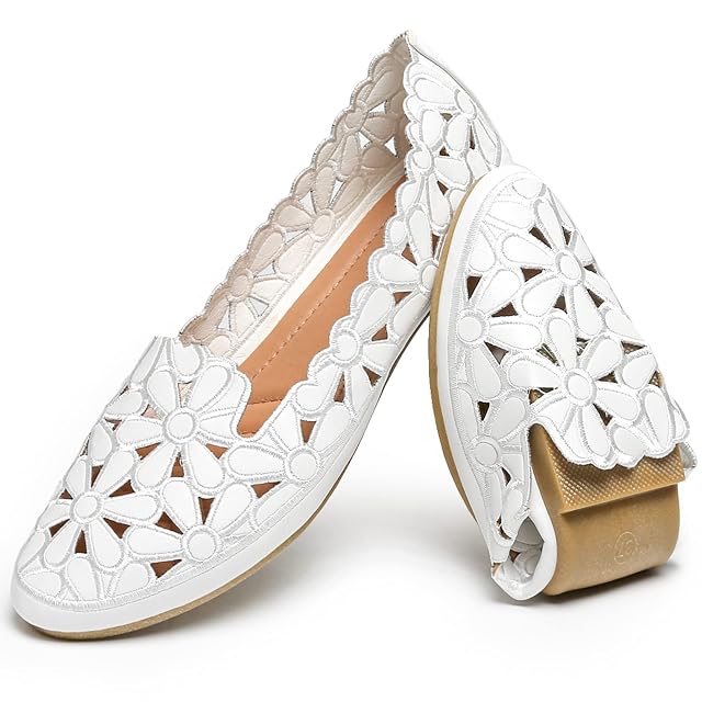 HEAWISH Womens Floral Ballet Flats for Women Black Beige Slip On Flowers PU Leather Round Toe Dress Shoes