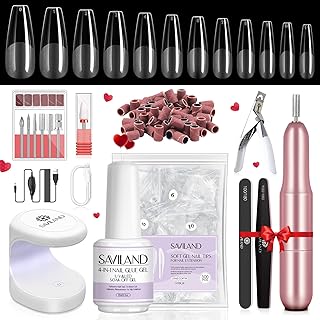 Saviland Gel X Nail Extension Kit with Nail Drill - Nails Tips and Glue Gel Kit, 4-in-1 Nail Glue Gel 500PCS Full Cover Long Coffin Nails Tips U V Nail Lamp Nail Design Kit for Nail Extension Nail Art