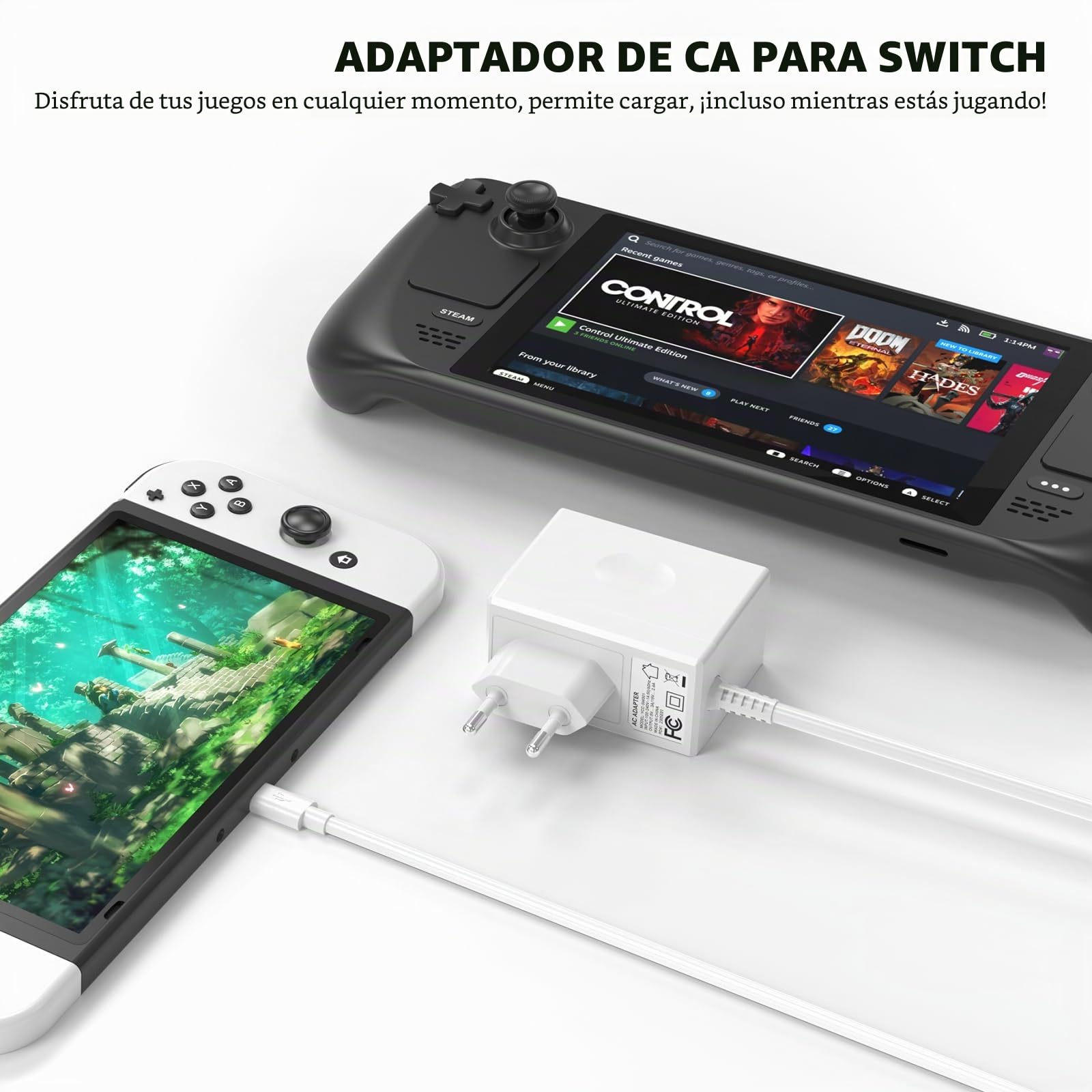 Cargador para Nintendo Switch Console Adaptador de Corriente para Nintendo Switch/Switch OLED/Lite, Modo TV 15 V/2,6 A de Carga rápida con Cable de 1,5 m/5 ft (Blanco)