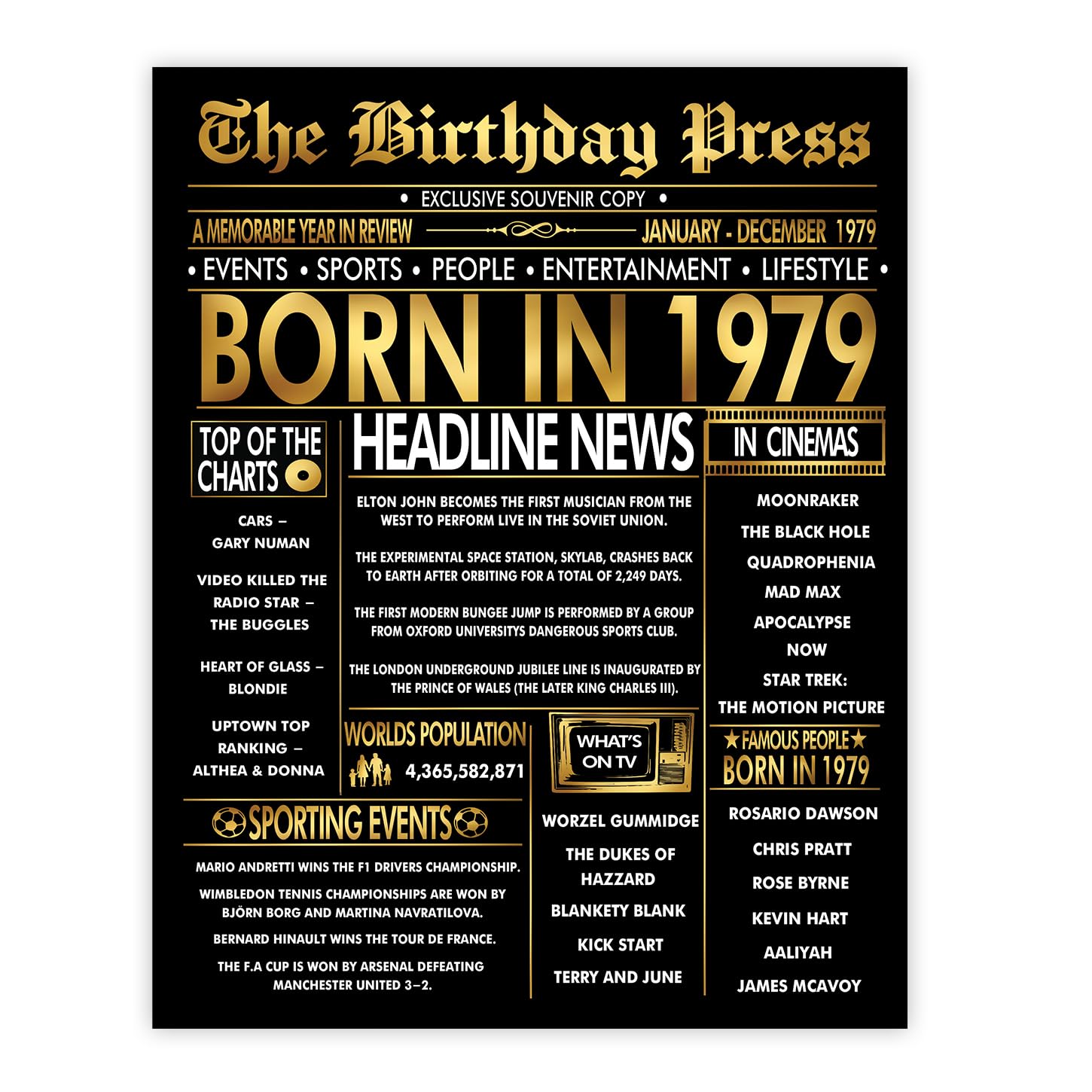Stuff4 Gold 47th Birthday Poster Unframed - Golden Born In 1979 Newspaper - Happy 47 Birthday for Men Women Retro Vintage Gifts Back In 1979, 8x10 Inch Bday Party Decor Decoration