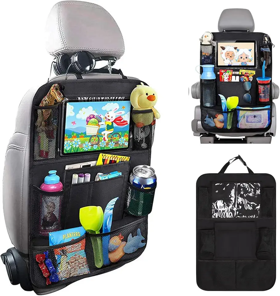 Matenf Car Organizer Back Seat with 9 Storage Pockets &amp; 10″ Tablet Holder, 1Pack Seat Back Cover for Kids Toddlers, Kick Mats Protector, Keep Cars Vehicles Organized &amp; Tidy, Travel Accessories