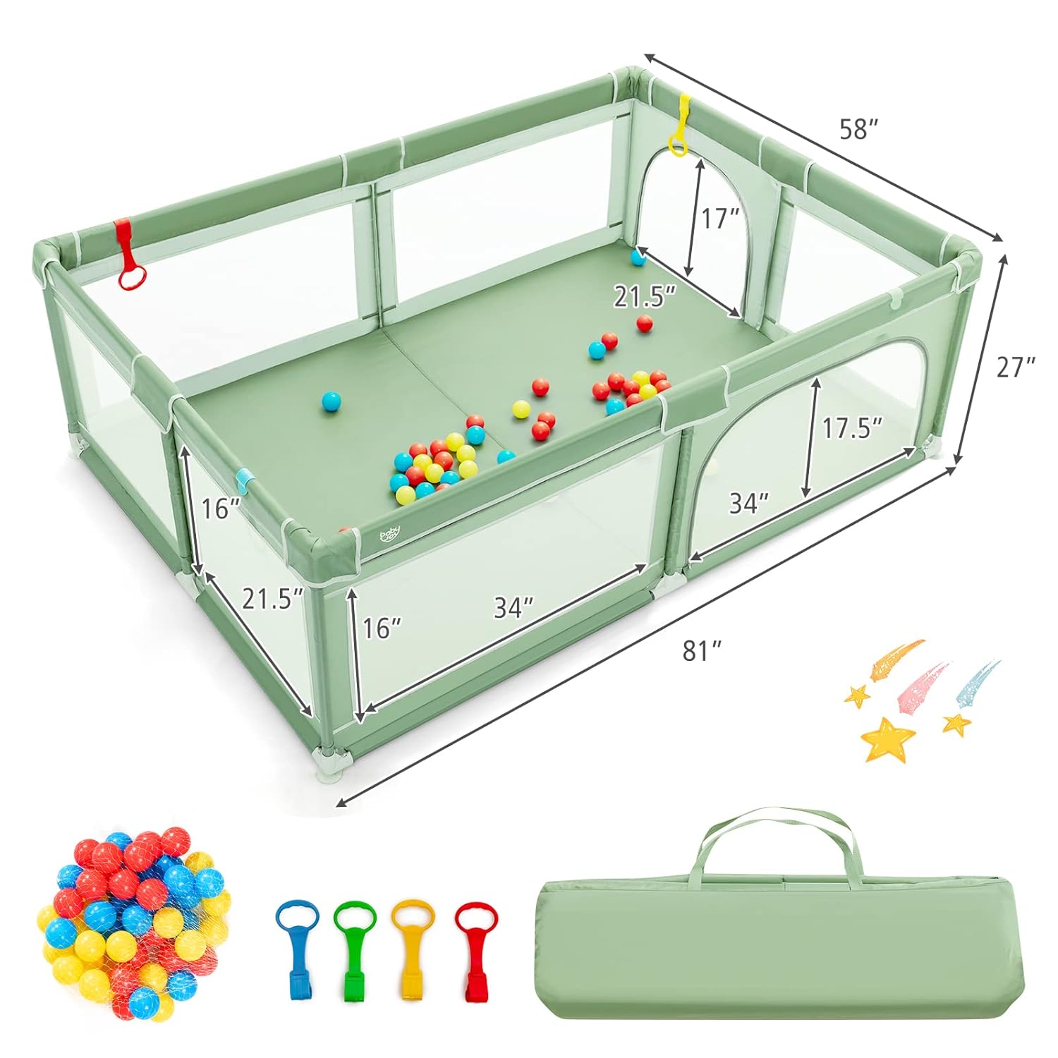GLACER Baby Playpen 81"x59", Extra Large Playard with Gate, Non-Slip Design Base, Indoor & Outdoor Kids Activity Center, Safety and Sturdy Play Yard Fence, Green