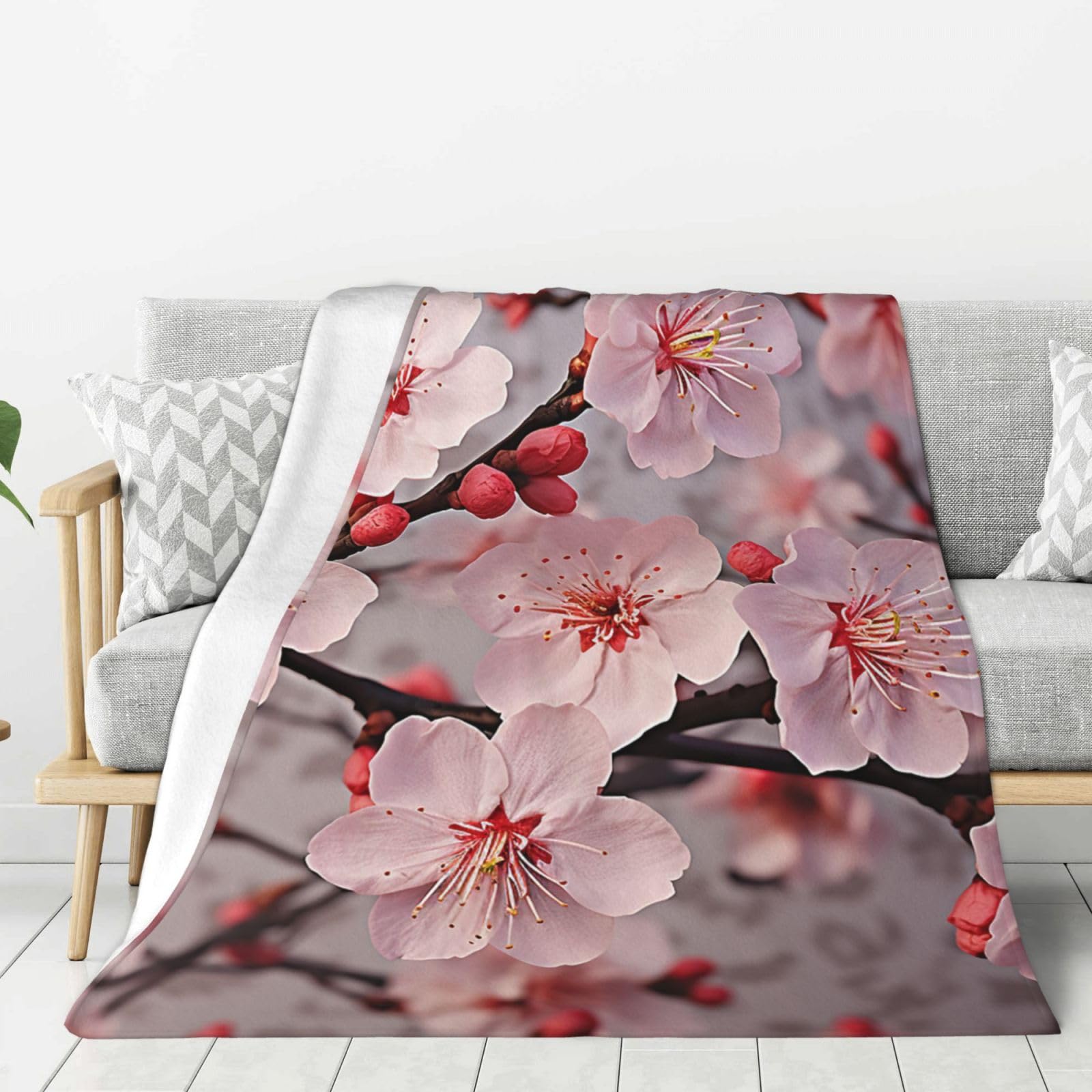Pink Cherry Blossoms Throw Blanket Plush Flannel Fleece Blanket, Soft Lightweight Cozy Blankets 60"X50" for Bed Couch Sofa Travel