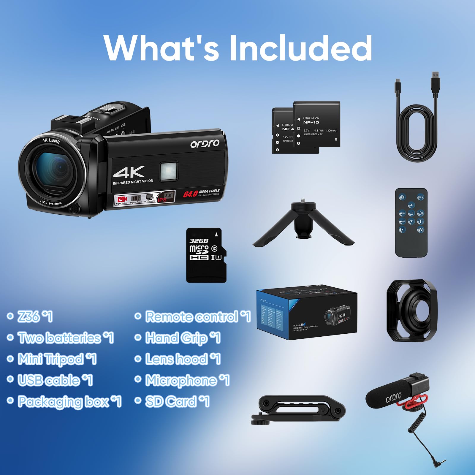 ORDRO Videocamera 4K Kit Completo, 64MP Camcorder Zoom 18X, Visione Notturna IR, Schermo 3" Orientabile - Set Vlogging con Treppiede, Impugnatura, Microfono, SD 32GB, Paraluce, Telecomando, 2 Batterie