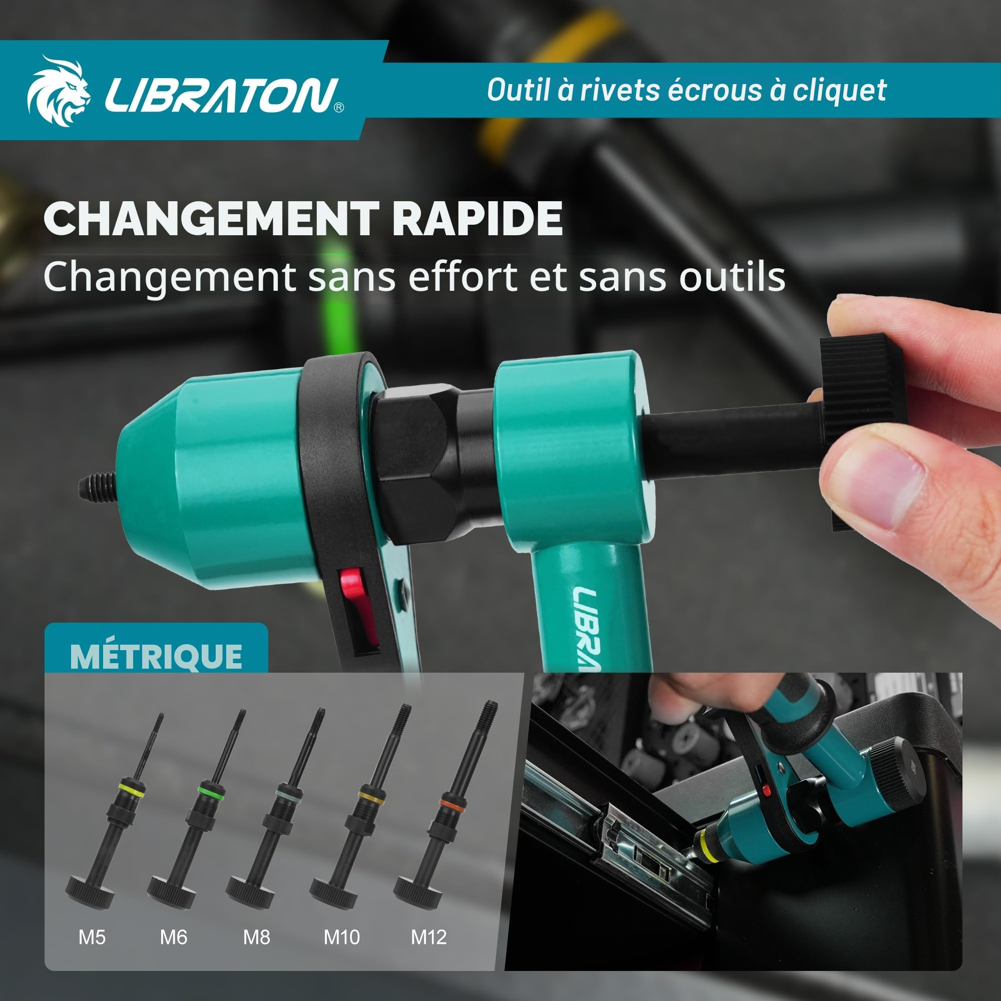 LIBRATON Pince a Insert, Pince à Insert Fileté, Pince à Écrous à Cliquet Professionnel, Pince a Sertir avec 5 Mandrins Métriques, 5 Écrous de Buse, 50 Insert Fileté, Étui, Pince Ecrou pour Réparation