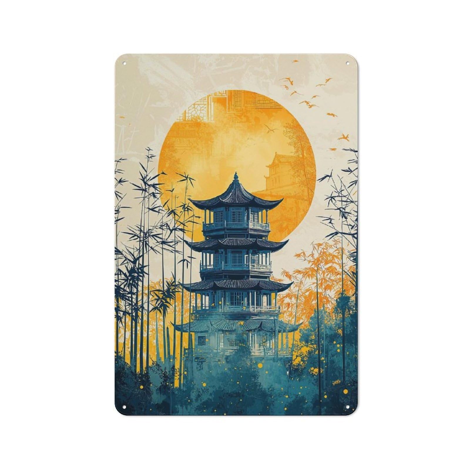Junmoney Japanese Pagoda Sunset Vintage Metal Plaque 30X20cm For Guest Room Or Hallway, A Decorative Christmas Gift For Guest Room Decorators