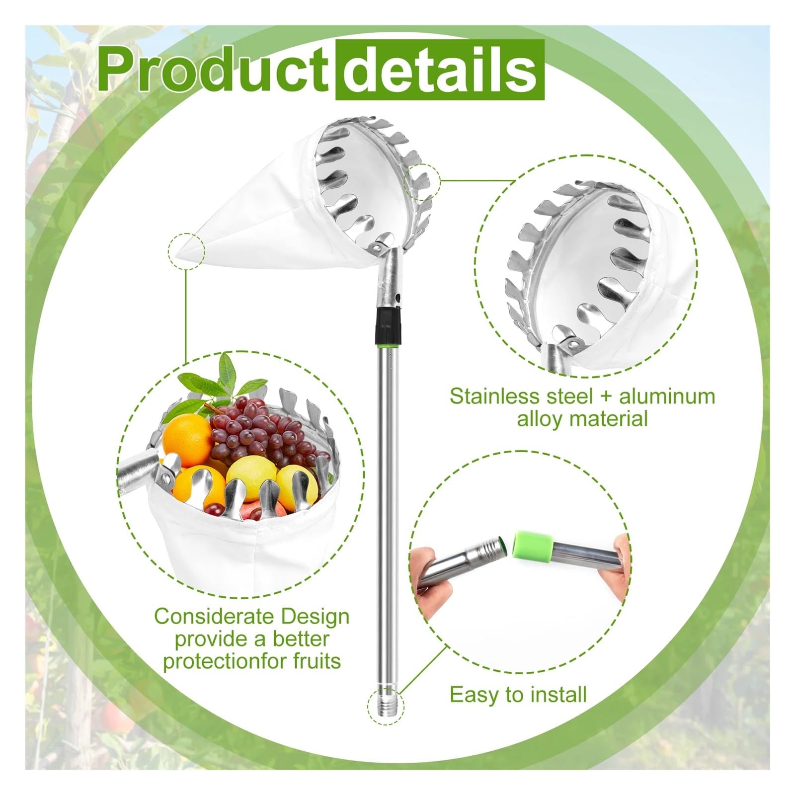 Cueille Fruit Telescopique Outil de cueillette Fruits en métal 3,2 m, Outil vergers Jardinage avec Sac Rangement(1.5M)