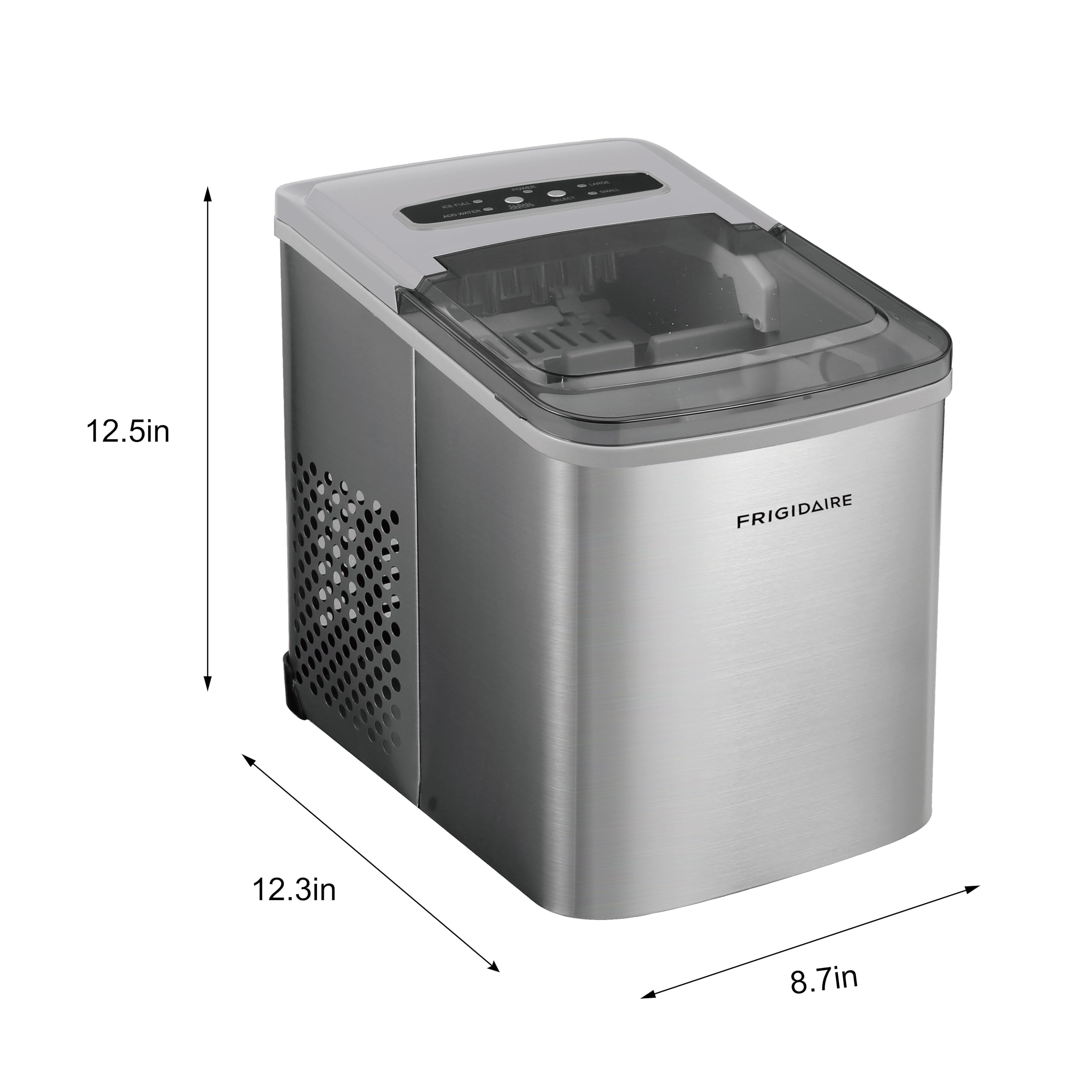 Frigidaire Portable Countertop Ice Maker, Stainless Steel, 26 lbs per Day, Self-Cleaning, Digital LED Control, 2.1 Qt Tank on Fridge.com