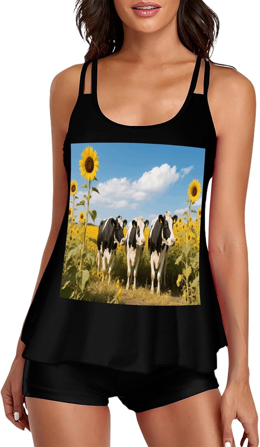 Cow Tankini Swimsuits for Women Tummy Control Two Piece Bathing Suits Swim Tops with Boy Shorts