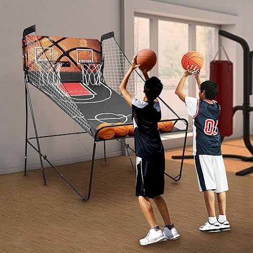 Miniatura 4 de Juego de baloncesto Pop a Shot, arcada de baloncesto de doble disparo con marcador electrónico LED, temporizador y 5 pelotas de baloncesto, juego de