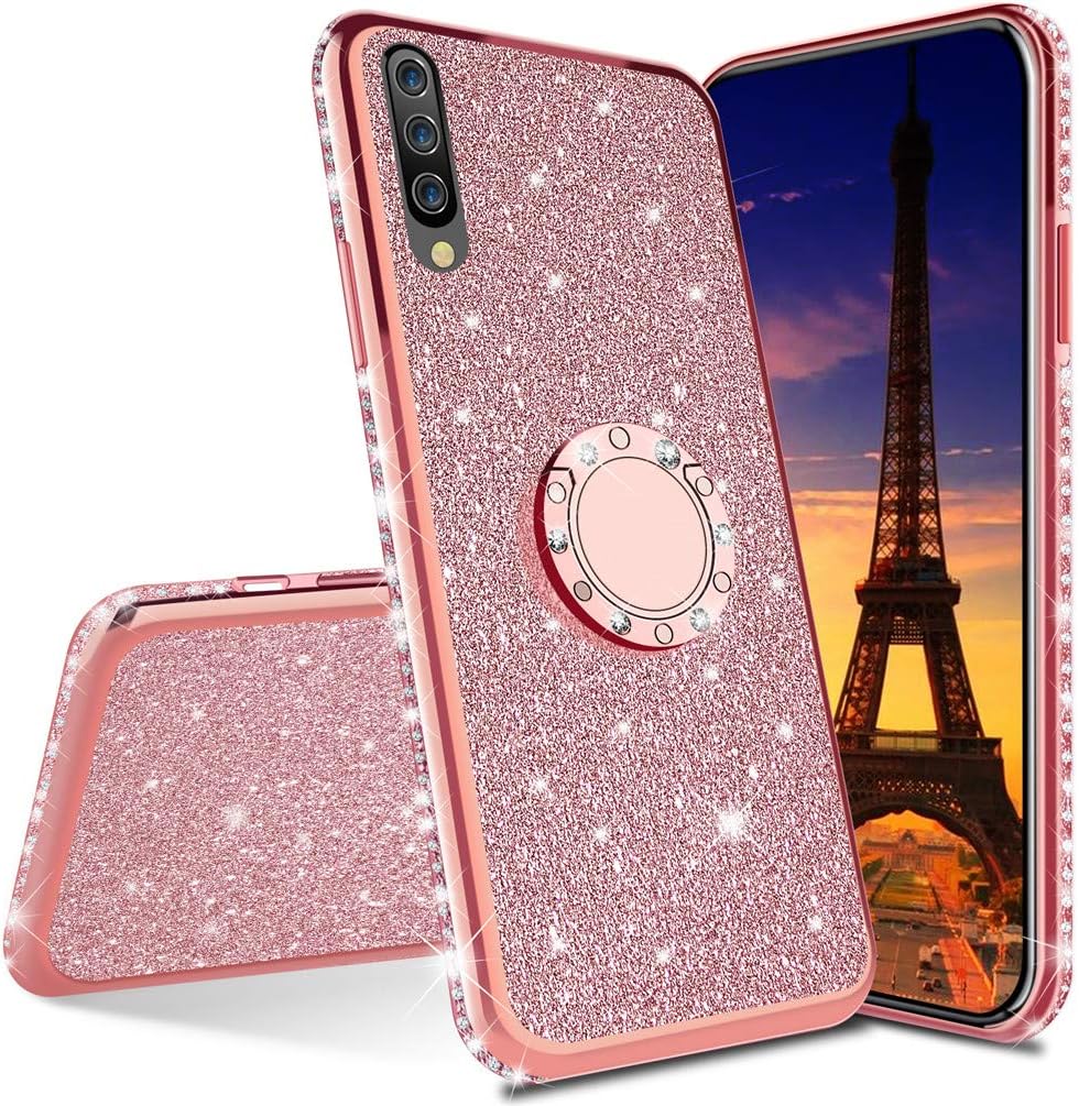 COTDINFORCA Samsung Galaxy A70 Case,Cute Girly Glitter Bling Diamond Rhinestone Bumper with Ring Kickstand Sparkly Pink Protective Phone TPU Cover Case for Samsung Galaxy A70.Bling - Rose Gold