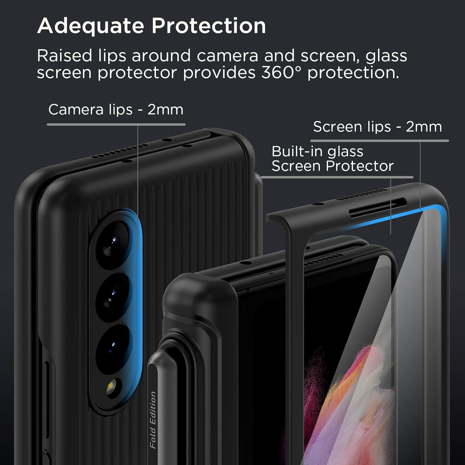 MAKAVO for Samsung Galaxy Z Fold 3 5G Case with Hinge Protection, S Pen Holder, Built-in Tempered Glass Screen Protector, Slim Fit 3D Non-Slip Texture 360 Degree Shockproof Phone Cover (Black)