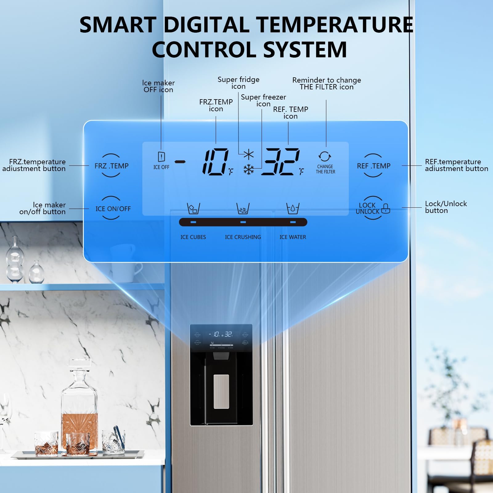 Antarctic Star 20 Cu.Ft French Door Refrigerator, Stainless Steel Fridge With Side Freezer & Water Dispenser, Nugget And Cube Ice Maker, Adjustable Thermostat on Fridge.com - View 4