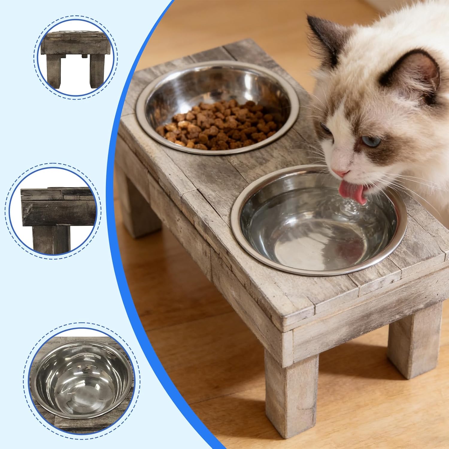 Huntley Equestrian Pet Berjen Table Elevated Double Bowl Pet Feeder, Brown Wash (Large) (02189)