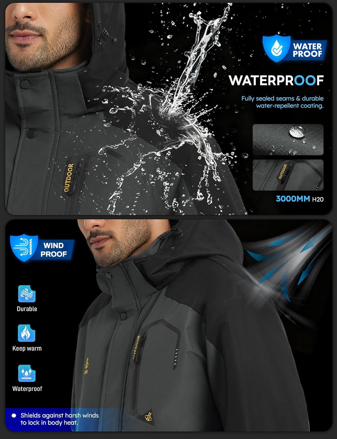 ASPO Men's Waterproof Ski Jacket Winter Warm Snow Coat Fleece lined Snowboard Hooded Mountain Windbreaker Raincoat Hiking