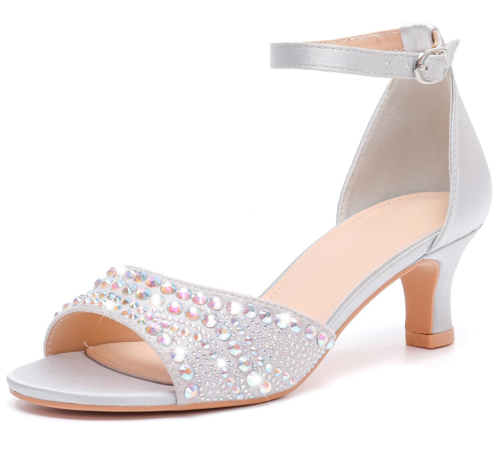 DADAWEN Women's Dressy Rhinestone Low Kitten Heel Ankle Strap Open Toe Sandals Dress Shoes Pump Sandals for Wedding Party Evening