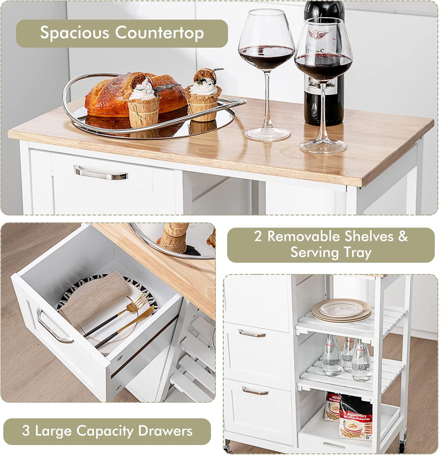 PETSITE Kitchen Island Cart with Storage on Wheels, Small Rolling Island Table with Drawers & Shelves for Home Kitchen, White