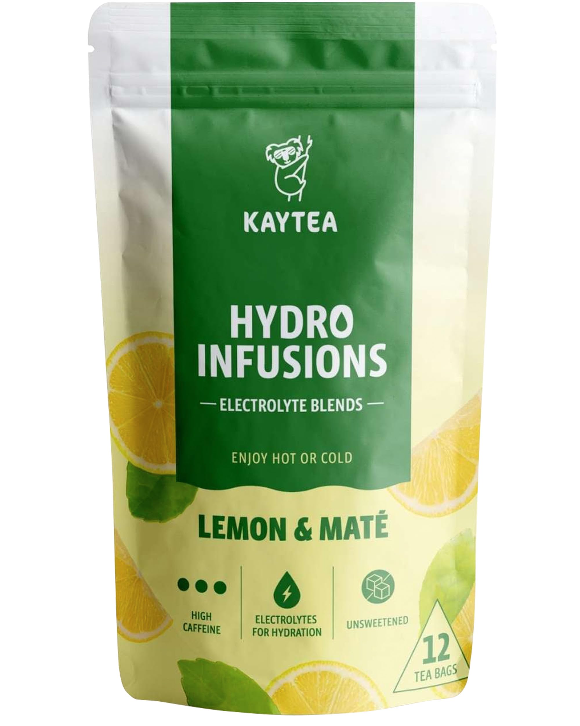 KAYTEA Lemon & Yerba Mate Herbal Tea and Fruit Tea – 12 Hydro Infusion Tea Bags – Highly Caffeinated, Zero Sugar & Calories – Unsweetened Flavoured Tea with Added Electrolytes