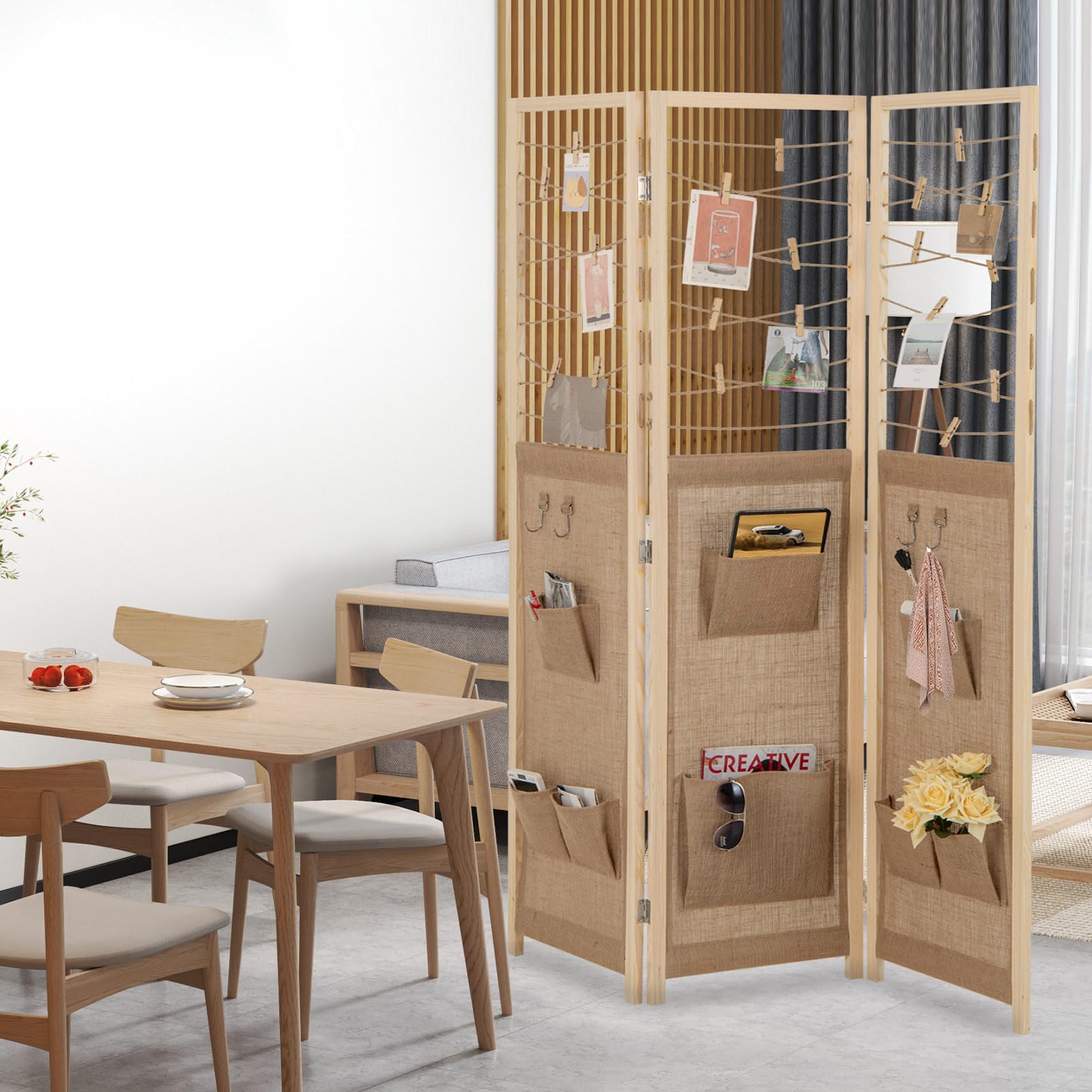 GIANTEX Paravento pieghevole a 3 pannelli. Separatore di privacy in legno con 8 tasche, 4 ganci e spago per appendere con 20 clip in bambù, 120 x 170 x 2 cm