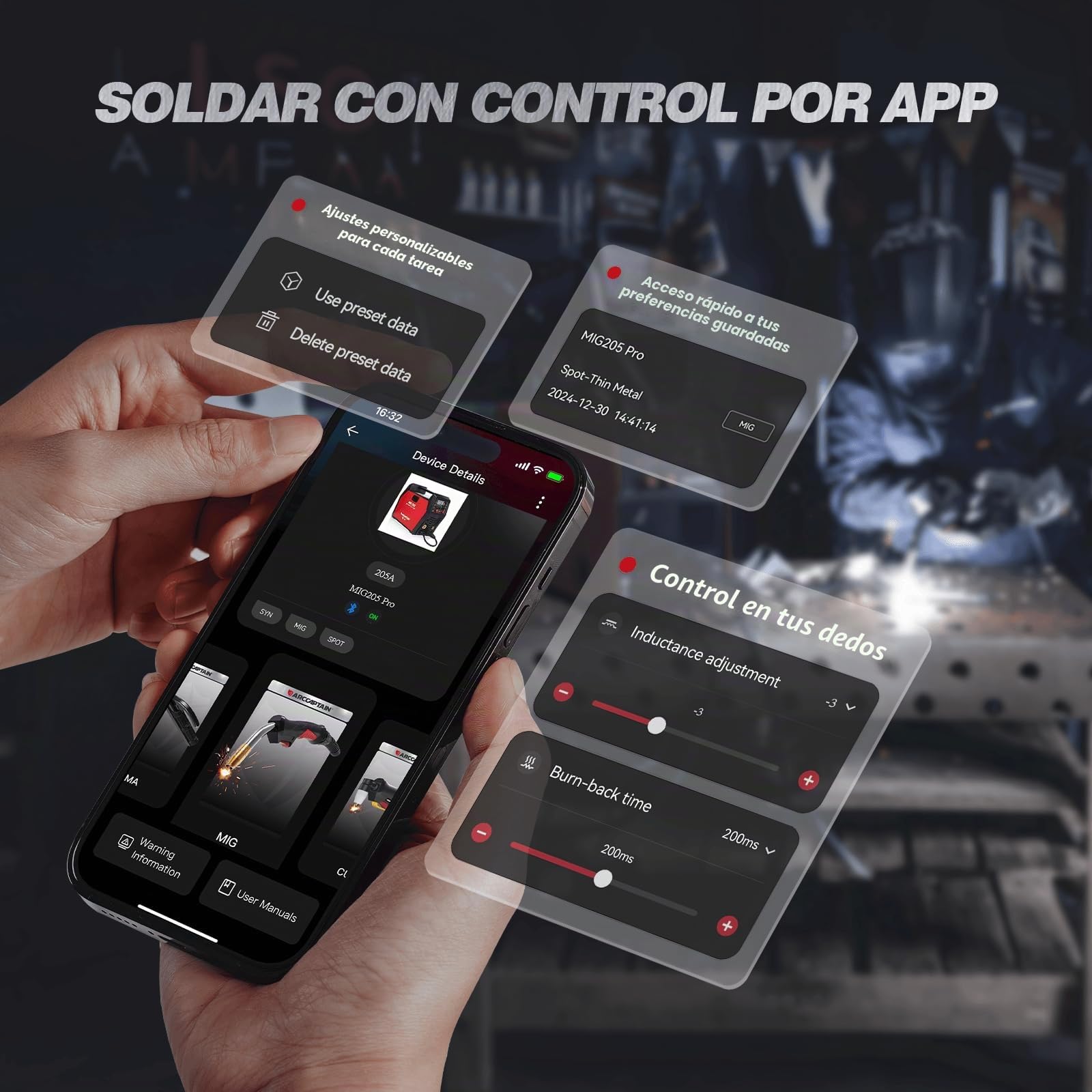 ARCCAPTAIN 205A Soldador Maquina de Soldar 6 en 1 con control APP iControl Sin Gas MIG/Gas MIG/MMA E-Hand/Lift TIG/Compatible con Spool Gun/Soldadura por puntos, Soldador Inverter IGBT 230V