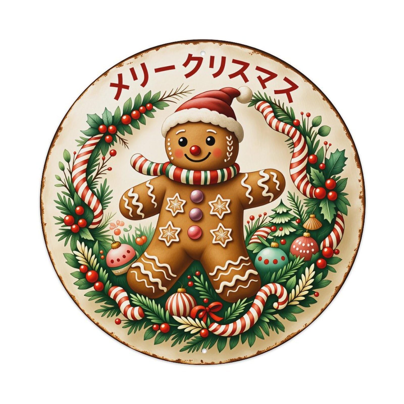 Gingerbread Man Christmas Wreath Decor Round Tin Sign Vintage Metal Poster Retro Bar, Home, Man Cave, Kitchen, Laundry Room Wall Art Decor Gift 8x8Inch