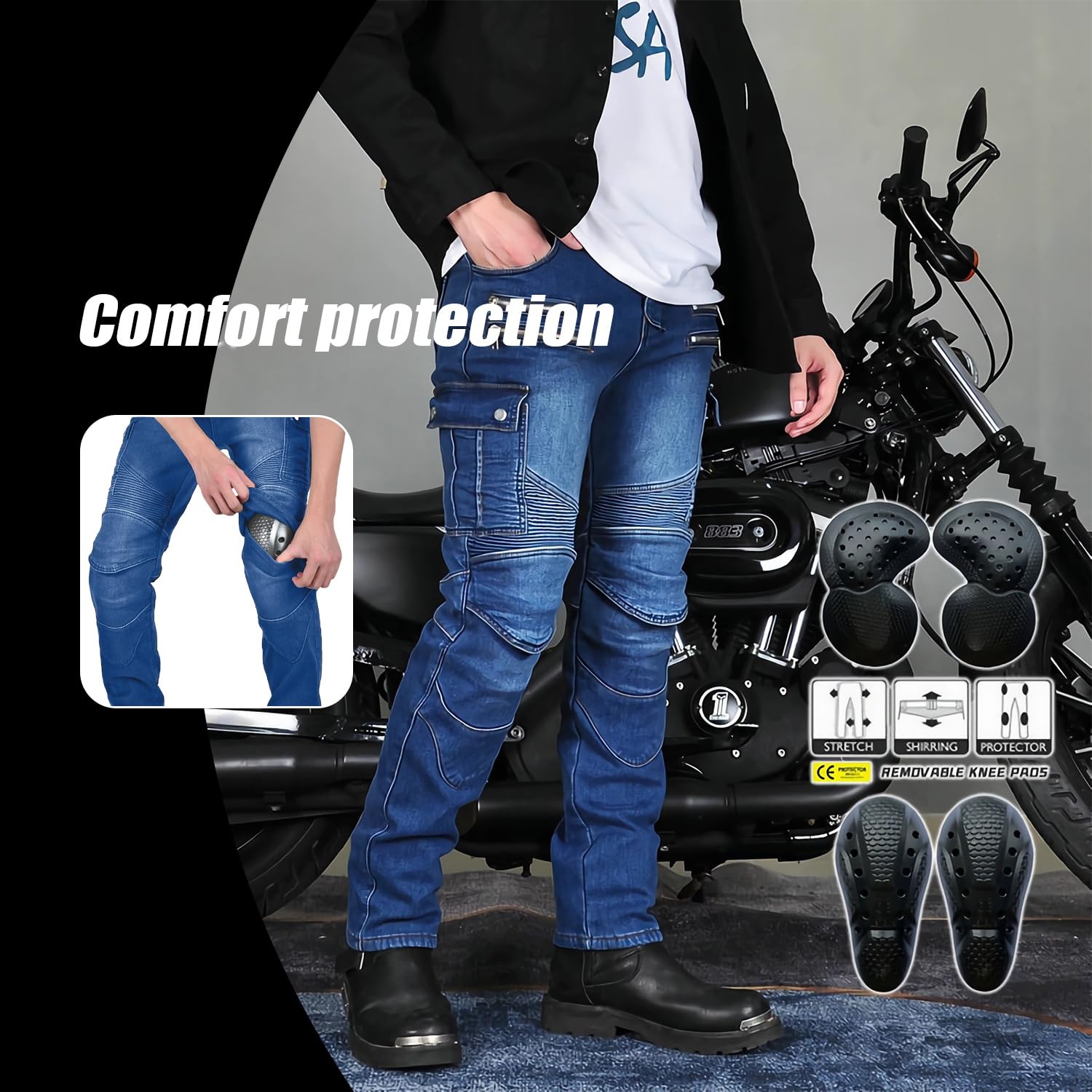 da Moto da Uomo Pantaloni da Motociclista in Denim Impermeabili Protezione Impermeabile Pantaloni da Moto da Ciclismo Jeans da Motociclista Elasticizzati con 4 Protezioni (Blu,S)
