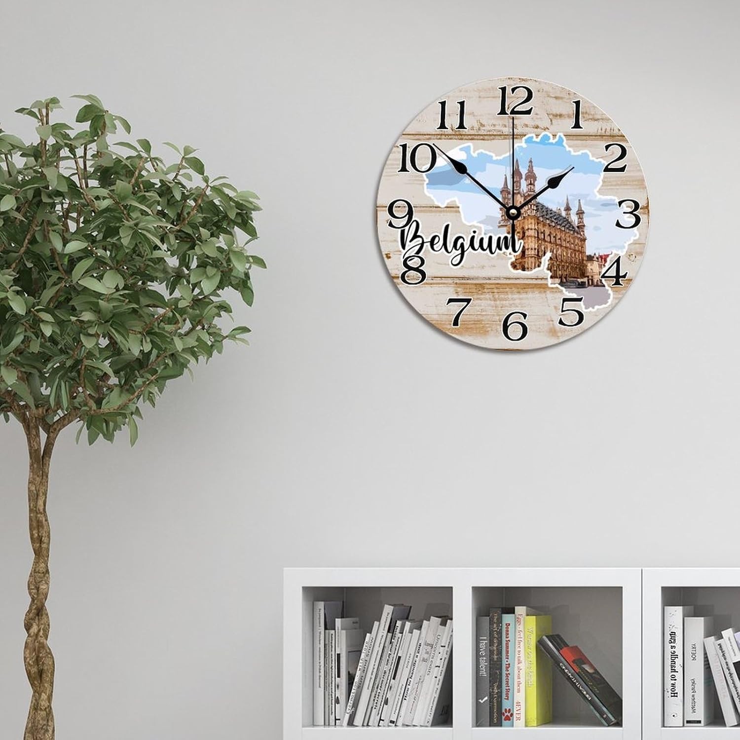 Belgium Map Travel Wall Clock Belgium Cityscape Tourist Attractions Wall Clocks Battery Operated 12 Inch Quiet Non-Ticking Farmhouse Hanging Clock Wall Decor Gift for Foreign Friend