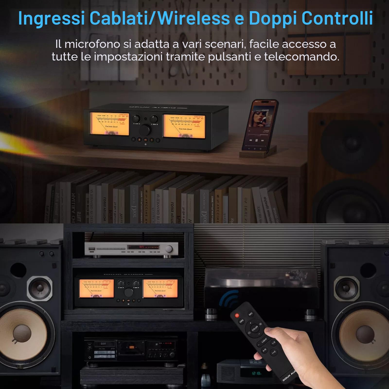 DoukAudio VU3PRO - Doppio metro analogico VU, interruttore amplificatore a 2 vie, selezione degli altoparlanti, amplificatore audio, 2 in 2 -OUT, con pickup MIC e display DB Panel