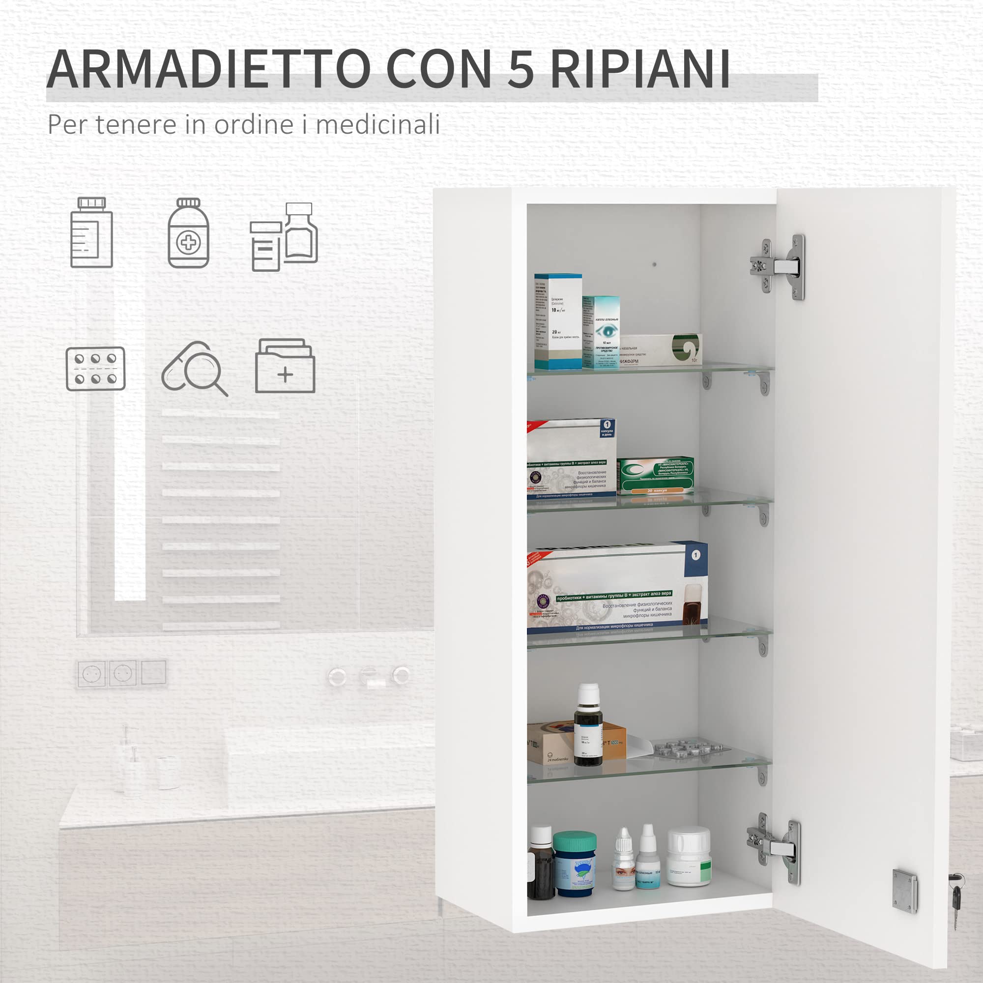 kleankin Armadietto Medicinali a Muro con Serratura, 5 Ripiani e Mensole Regolabili, in Legno e Vetro, Bianco, 30x20x70cm